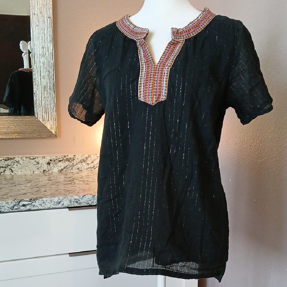 THML Tops - THML Boho Cotton Black Shirt Size L Metallic Embroidered Stripe Detail